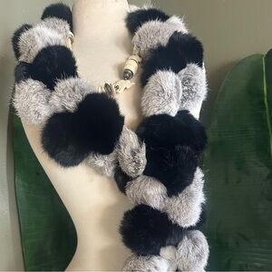 Ceyjon Elegant Genuine Rabbit Black and Gray Pom-Pom Scarf